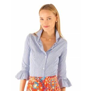 Gretchen Scott Priss Blouse Striped Shirt XL Navy White Button-Down Bell Sleeves
